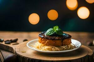 uma prato com espaguete e carne em uma de madeira mesa. gerado por IA foto
