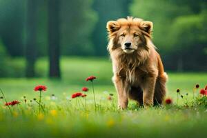 uma leão em pé dentro uma campo do vermelho flores gerado por IA foto