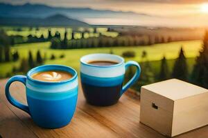 dois café copos em uma mesa com uma Visão do montanhas. gerado por IA foto