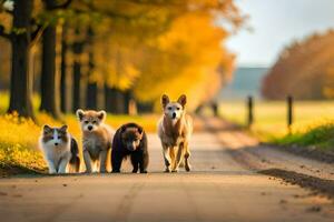 quatro cachorros caminhando baixa uma estrada dentro a cair. gerado por IA foto