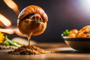 uma frango é em pé em topo do uma prato com Comida. gerado por IA foto