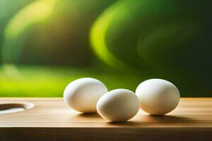 três ovos em uma corte borda com uma verde fundo. gerado por IA foto