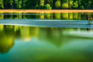 uma veado carrinhos dentro a meio do uma lago. gerado por IA foto
