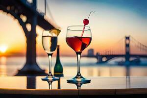 dois óculos do vinho e uma cereja em uma mesa dentro frente do uma ponte. gerado por IA foto