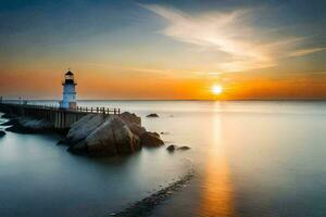 uma farol é visto às pôr do sol em a pedras. gerado por IA foto