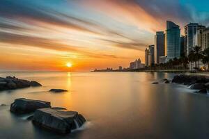 a Sol conjuntos sobre a oceano e edifícios dentro a fundo. gerado por IA foto