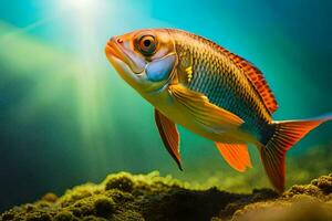 uma peixe natação dentro a água com luz solar brilhando. gerado por IA foto