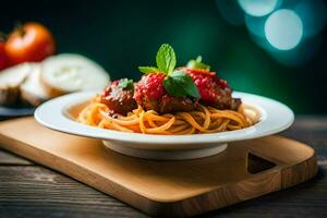 espaguete com almôndegas e tomates em uma de madeira borda. gerado por IA foto