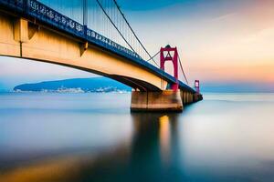 a ponte é grandes e vermelho às pôr do sol. gerado por IA foto