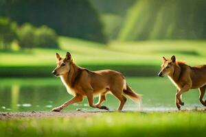 dois Castanho cachorros corrida ao longo a costa do uma lago. gerado por IA foto