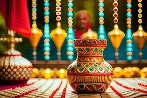 a indiano Casamento decoração com colorida miçangas e uma vaso. gerado por IA foto