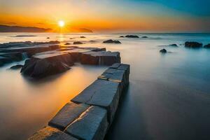 a Sol sobe sobre a oceano dentro isto grandes exposição fotografia. gerado por IA foto