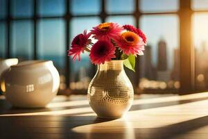 uma vaso do flores sentado em uma mesa dentro frente do uma janela. gerado por IA foto