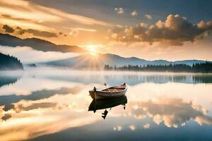 uma barco é flutuando em uma calma lago às nascer do sol. gerado por IA foto