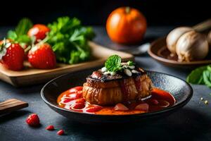 uma prato com uma prato do Comida e legumes. gerado por IA foto