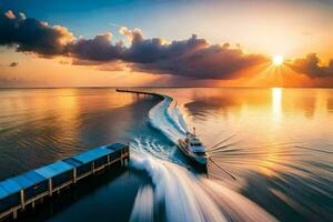 uma barco viajando através a água às pôr do sol. gerado por IA foto