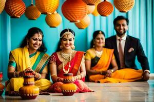 uma família do indiano mulheres dentro tradicional traje. gerado por IA foto