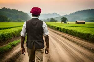 uma homem dentro uma vermelho turbante caminhando baixa uma sujeira estrada. gerado por IA foto