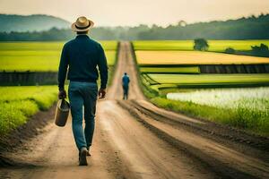 uma homem caminhando baixa uma sujeira estrada com uma balde. gerado por IA foto