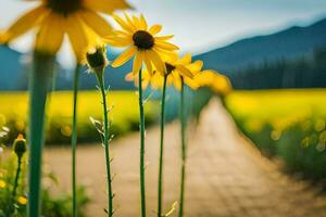 amarelo flores dentro uma campo com montanhas dentro a fundo. gerado por IA foto