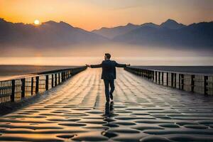 uma homem em pé em uma ponte com dele braços estendido às pôr do sol. gerado por IA foto