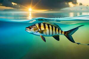 uma peixe natação dentro a oceano às pôr do sol. gerado por IA foto