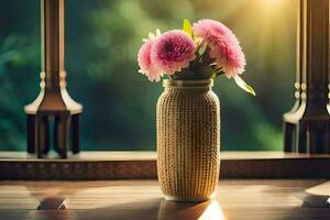 Rosa flores dentro uma vaso em uma de madeira mesa. gerado por IA foto