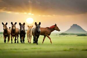 uma grupo do cavalos corrida dentro a campo. gerado por IA foto