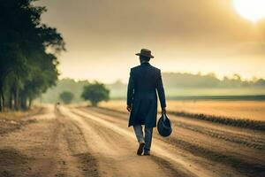 uma homem dentro uma chapéu e terno caminhando baixa uma sujeira estrada. gerado por IA foto