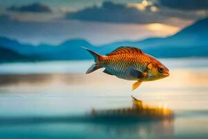 uma peixe é pulando Fora do a água às pôr do sol. gerado por IA foto