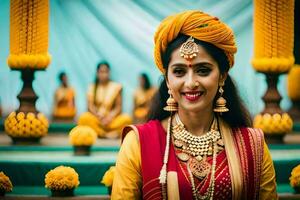 uma mulher dentro tradicional indiano vestuário poses para uma foto. gerado por IA foto