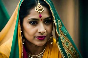 uma mulher dentro tradicional indiano vestuário com uma ouro colar. gerado por IA foto