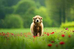 uma cachorro é em pé dentro uma campo do vermelho flores gerado por IA foto