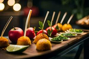 uma prato do aperitivos com maçãs e de outros legumes. gerado por IA foto