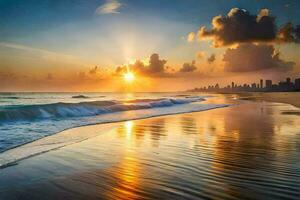 a Sol sobe sobre a oceano e a cidade Horizonte. gerado por IA foto