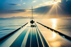 uma barco é Navegando em a oceano às pôr do sol. gerado por IA foto