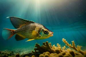 peixe natação dentro a oceano com luz solar brilhando em isto. gerado por IA foto