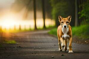 uma cachorro caminhando baixa uma estrada dentro a madeiras. gerado por IA foto