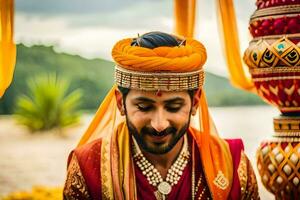 uma homem dentro a indiano Casamento equipamento sorrisos enquanto posando para a Câmera. gerado por IA foto