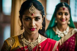 dois mulheres dentro tradicional indiano traje. gerado por IA foto