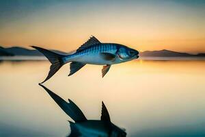 uma peixe é vôo sobre a água às pôr do sol. gerado por IA foto