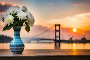 flores dentro uma vaso em uma mesa dentro frente do uma ponte. gerado por IA foto