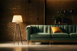 uma moderno vivo quarto com uma verde sofá e lâmpada. gerado por IA foto