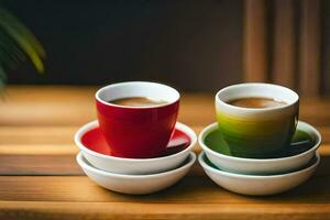 dois copos do café em uma de madeira mesa. gerado por IA foto