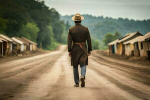 uma homem dentro uma chapéu e casaco caminhando baixa uma sujeira estrada. gerado por IA foto