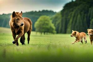 dois cavalos e uma cachorro corrida dentro a grama. gerado por IA foto