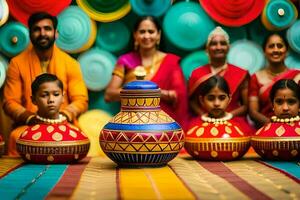 uma família do indiano pessoas sentado por aí uma colorida Panela. gerado por IA foto