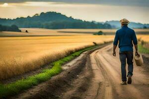 uma homem caminhando baixa uma sujeira estrada dentro uma campo. gerado por IA foto