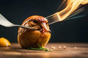 uma frango é ser cozinhou com uma garfo e faca. gerado por IA foto