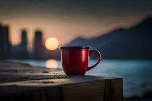 uma vermelho café copo senta em uma de madeira mesa negligenciar a oceano. gerado por IA foto